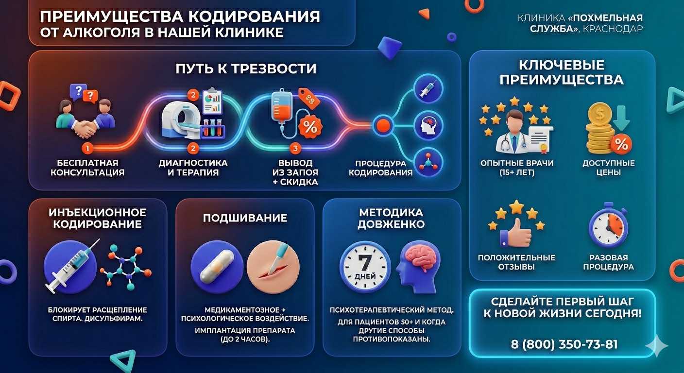Инфографика о методах кодирования от алкоголя в Советской Гавани: инъекции, подшивание, метод Довженко. Преимущества клиники и этапы лечения.