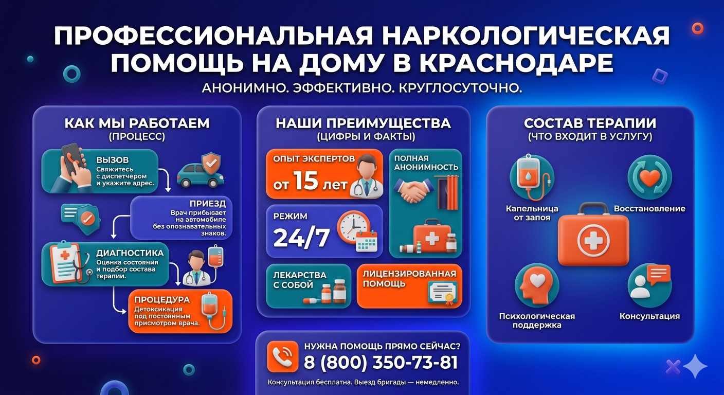 Инфографика о принципах лечения алкоголизма на дому в Советской Гавани: этапы вызова нарколога, преимущества анонимной детоксикации и состав медицинской помощи.